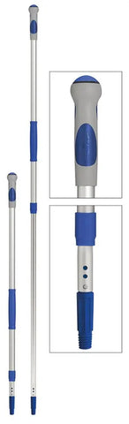 Aluminium telescopic handle with ergonomic grip and end cone.